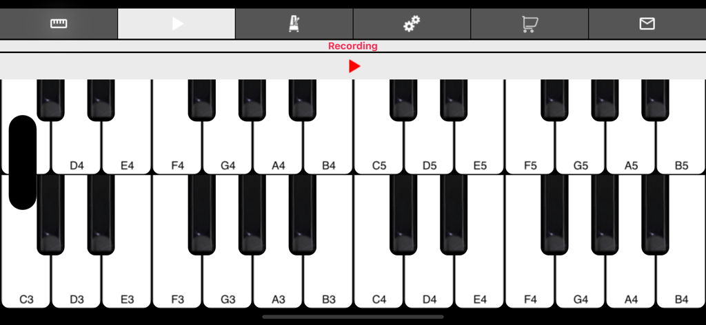 Piano - 2 Keyboard Tiles Play - Dual-Keyboard-Oberfläche einer Piano-App mit beschrifteten Musiknoten und aktivem Aufnahmemodus.
