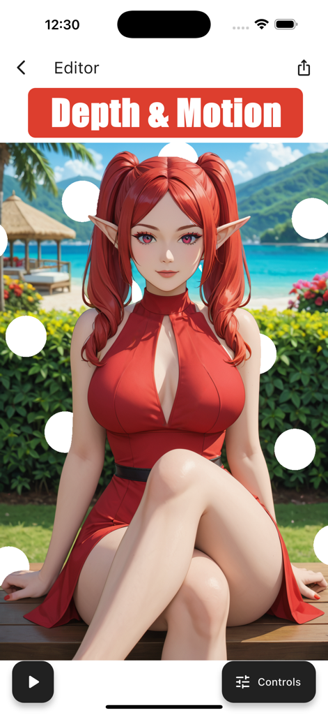 Interface of the Live 3D Photo Animator Editor app showing depth and motion controls on an image