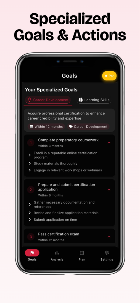 Year Goals - Specialized career goals and action steps in the Year Goals app