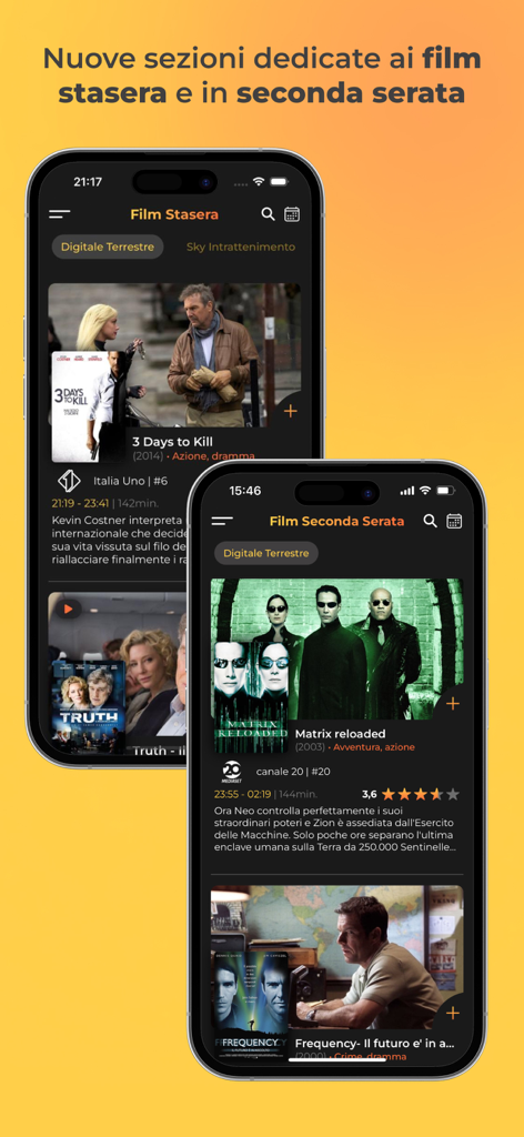 Guida Programmi TV - Dos pantallas de smartphone que muestran listados de películas para esta noche y la madrugada en la aplicación italiana Guida Programmi TV.