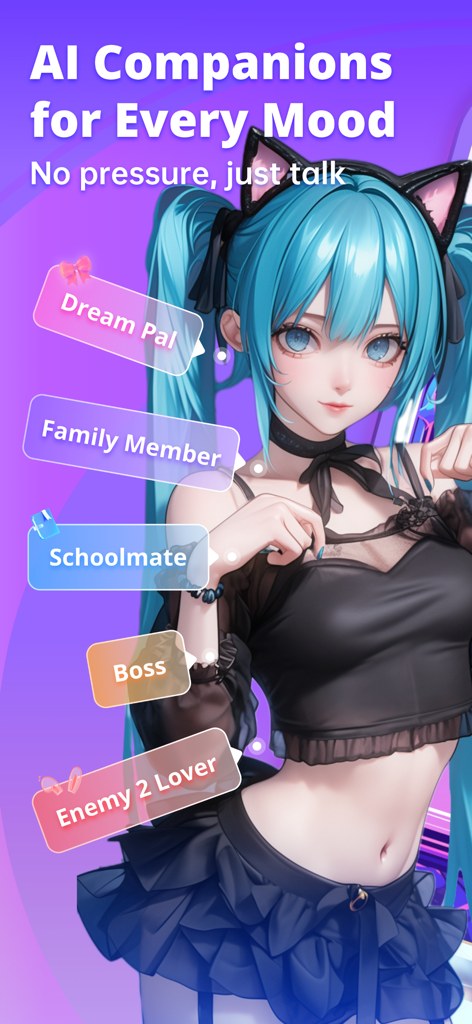 Interfaz de personaje de anime en la aplicación de compañeros de IA Rosytalk que muestra diferentes opciones de rol.