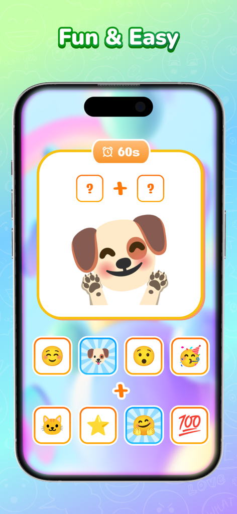 Emoji Kitchen - Emoji Mix - Emoji Kitchen app interface showing a fun emoji merging puzzle game with a dog emoji