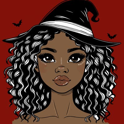 realistic black girl with wavy hair and witch hat and nose and lips