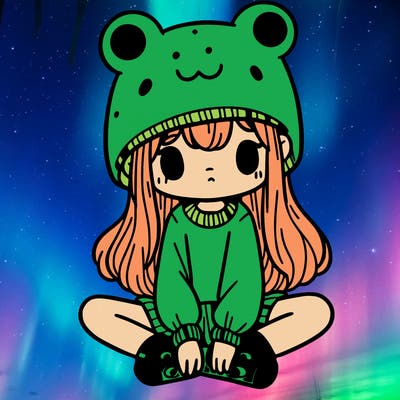 a girl wearing a frog hat and some frog socks