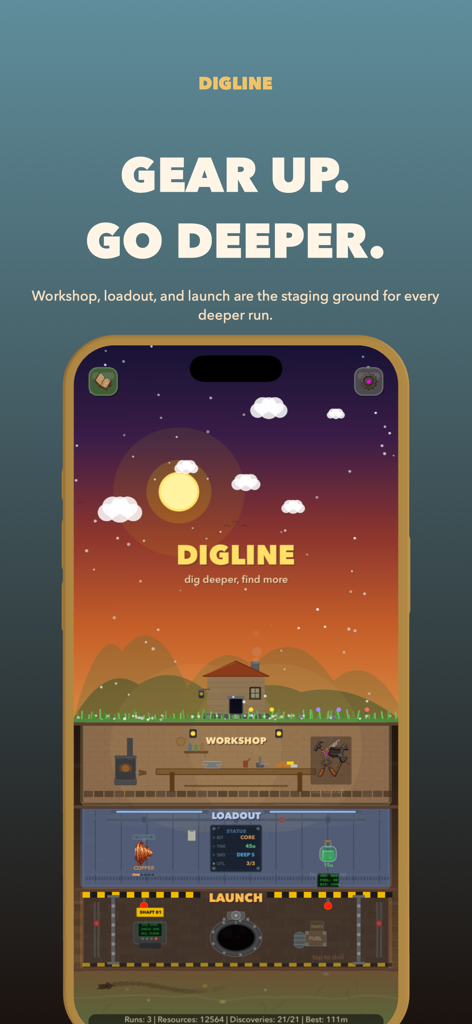 Digline: Cozy Mining - Game screenshot showing the workshop loadout and launch menu of Digline Cozy Mining