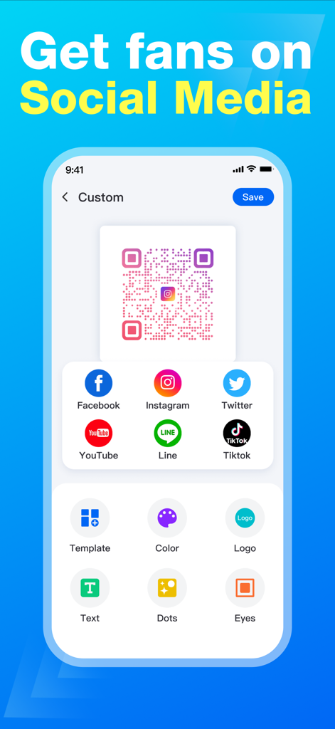 QR Code Scanner Master - A mobile app interface showing options to create and customize QR codes for social media platforms like Instagram and Facebook
