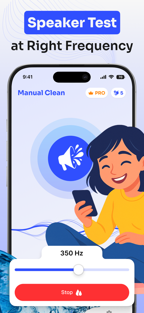 Speaker Cleaner · Water Eject - Speaker Cleaner app interface showing manual frequency control for water ejection