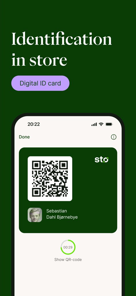 BankID app screen showing a digital ID card with a QR code for in-store identification