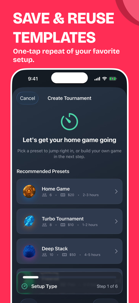 推奨されるトーナメントプリセットとセットアップテンプレートを表示するポーカータイマーアプリ画面。