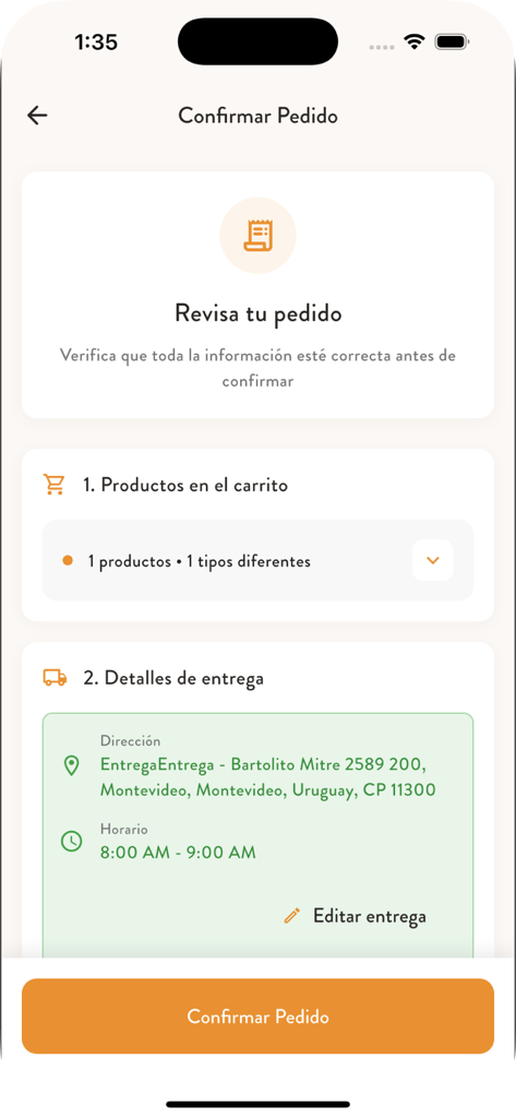 Delishop - Pantalla de confirmación de pedido para la aplicación Delishop que muestra los artículos del carrito y los detalles de entrega en español