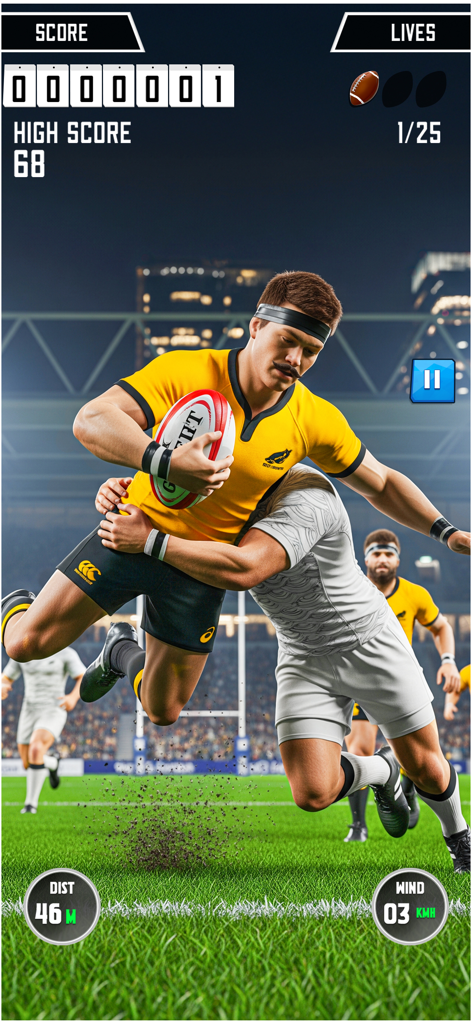 A 3D rugby player in a yellow jersey being tackled during gameplay in a stadium at night