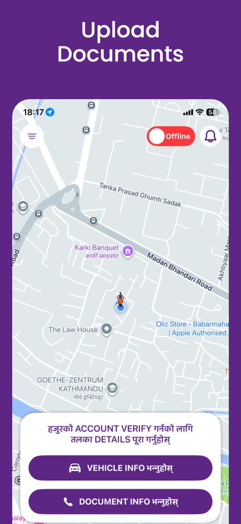 Sajilo Rider - Sajilo Rider app interface showing document upload options and a map of Kathmandu