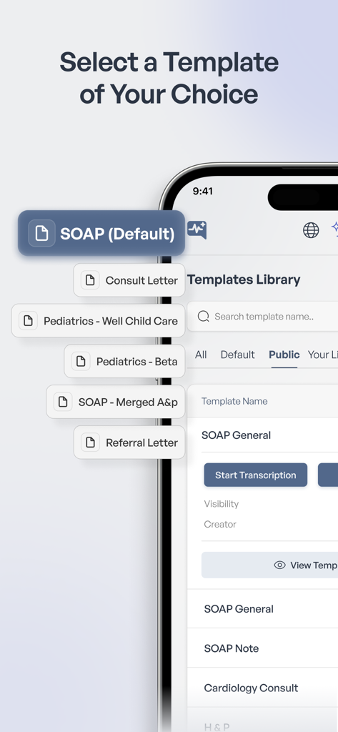 Medtalk: AI Medical Scribe - Interfaz de la aplicación Medtalk que muestra la biblioteca de plantillas clínicas con opciones para notas SOAP y cartas de especialistas.