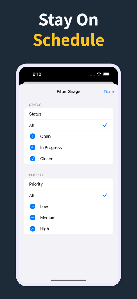 建設不具合をステータスと優先度レベルでフィルタリングしてスケジュールどおりに進めるためのモバイルインターフェイス。