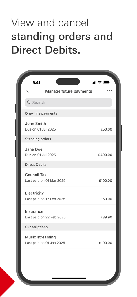 HSBC UK mobile banking app interface for managing standing orders and direct debits