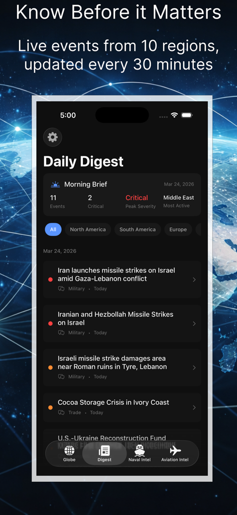 Atlas : Global Intelligence - Atlas Global Intelligence app showing the Daily Digest screen with a list of real-time geopolitical events and risk assessments.