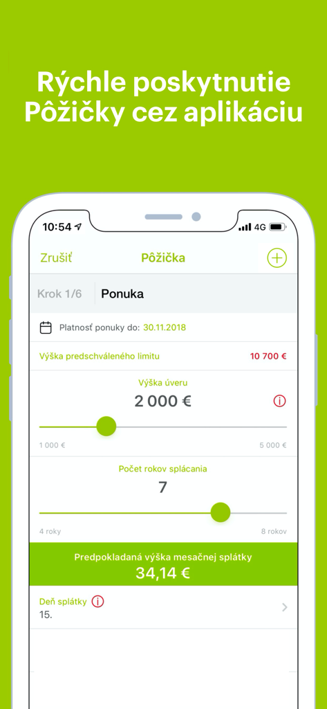 Mobile app screen showing a loan calculator with sliders for credit amount and repayment period