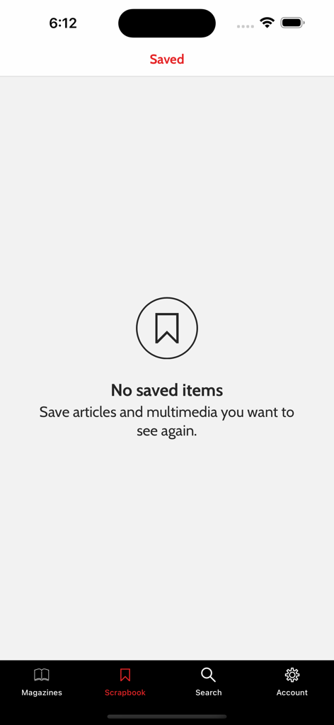Tatler - Schermata vuota dello Scrapbook nell'app Tatler che mostra un messaggio per salvare articoli e multimedia per la visualizzazione successiva