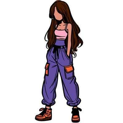 girl in baggy pants crop top and long hair