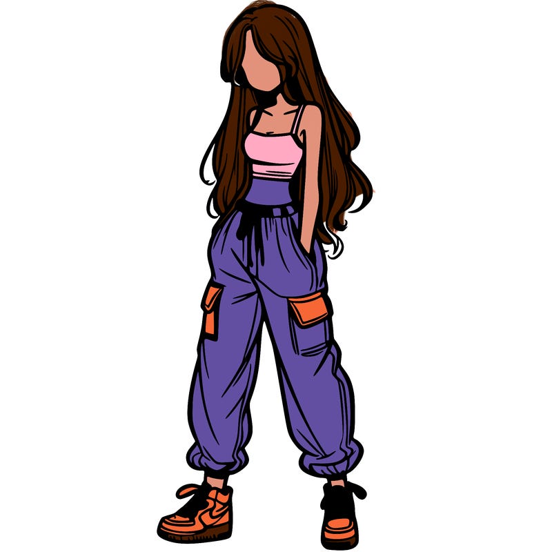 girl in baggy pants crop top and long hair