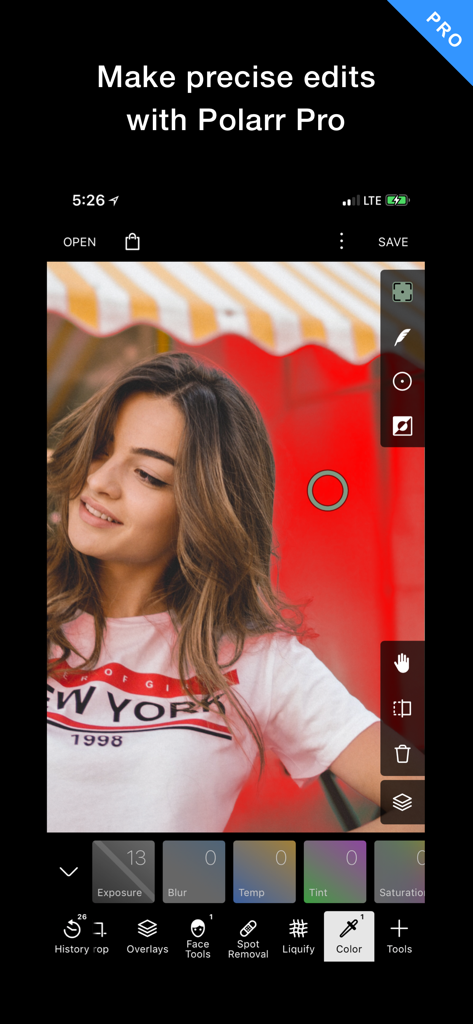 Polarr Pro Photo Editor interface showing a professional portrait being edited with advanced coloring and masking tools