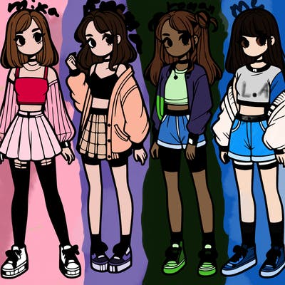 one girl with crop-top shirt and a jacket with a skirt, long socks and another girl with a shirt and pants with a jacket