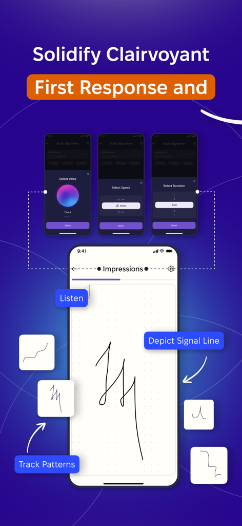 VEREVIO App-Oberfläche für Fernwahrnehmungstraining mit Audiosignalgeber und Whiteboard zum Skizzieren von Eindrücken