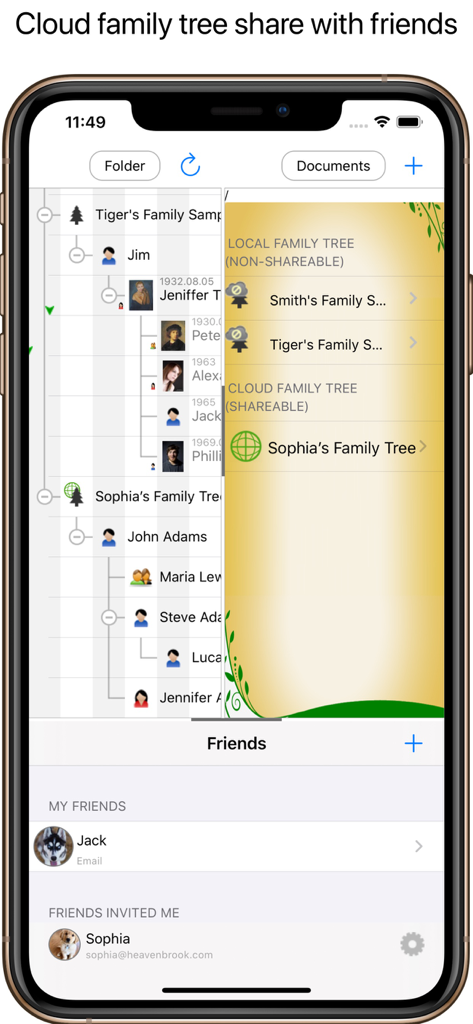 클라우드 및 로컬 가족 트리 옵션과 함께 레코드 공유를 위한 친구 목록을 보여주는 가족 트리 앱의 모바일 인터페이스.