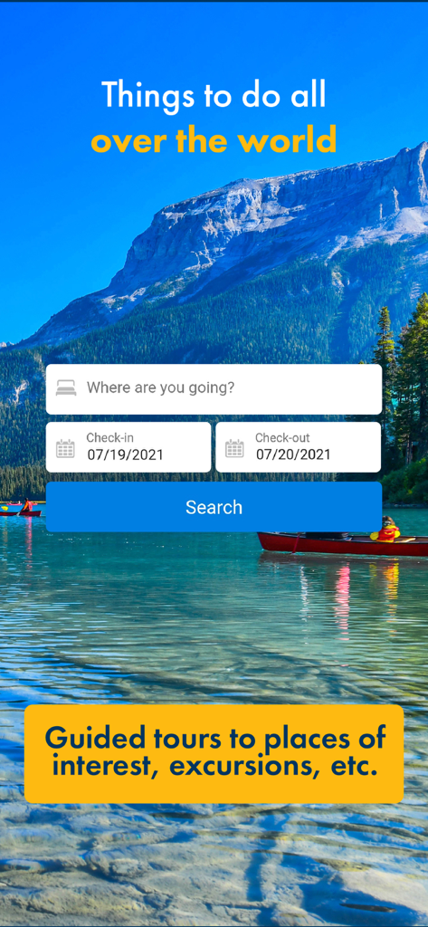 Booking Hotels with eBooking - eBooking app interface for searching guided tours and activities worldwide