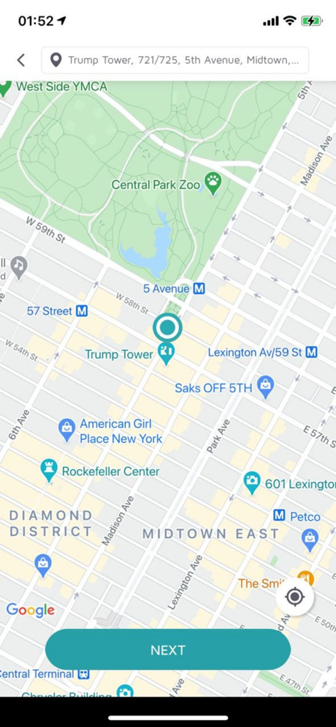 Map interface within the Patio Delivery app showing an address selection screen in Midtown Manhattan New York