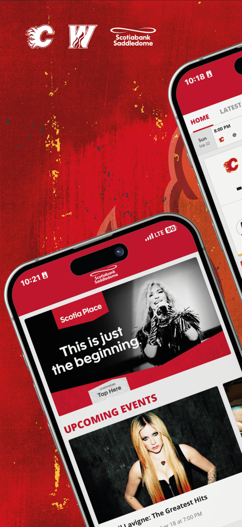 Calgary Flames App - Calgary Flames app interface showing hockey schedules and upcoming arena events