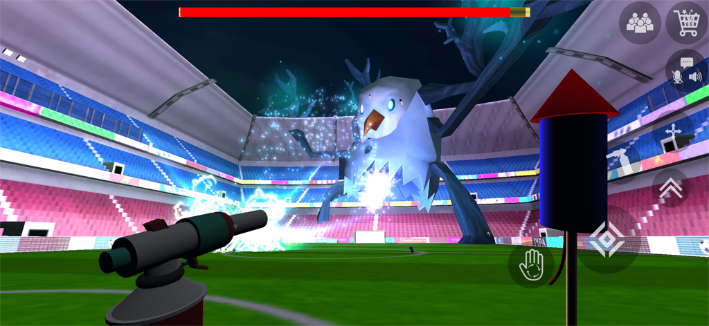 Fireworks Simulator 3D gameplay showing a firework launcher and a giant snowman in a stadium
