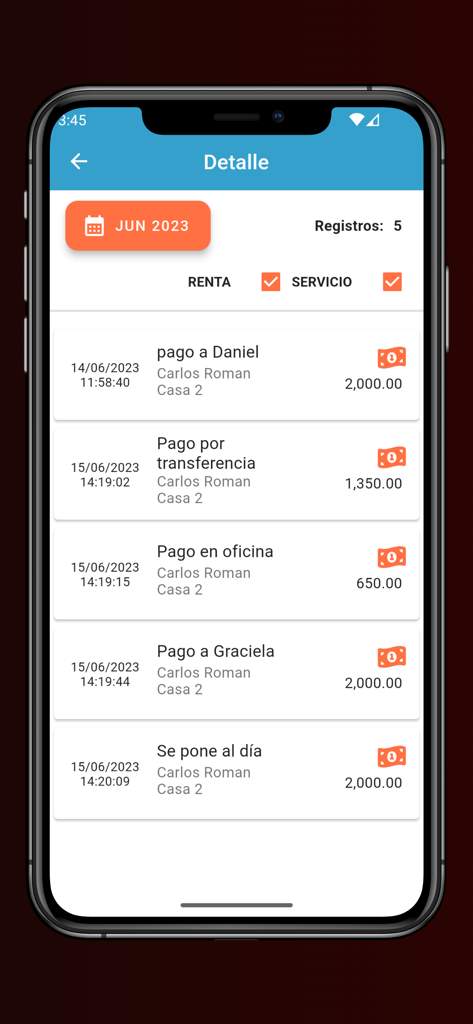 Painel móvel do aplicativo Meus Aluguéis mostrando um histórico detalhado de aluguel mensal e pagamentos de serviços para um inquilino