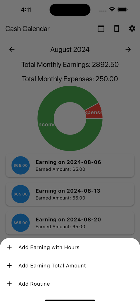 Cash Calendar - Cash Calendar app dashboard showing monthly earnings chart and expense summary with tracking menu