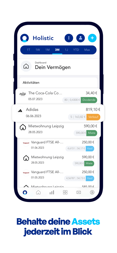 Holistic Portfolio Tracker - Mobile dashboard display of the Holistic Portfolio Tracker app listing diverse asset transactions like stocks and real estate