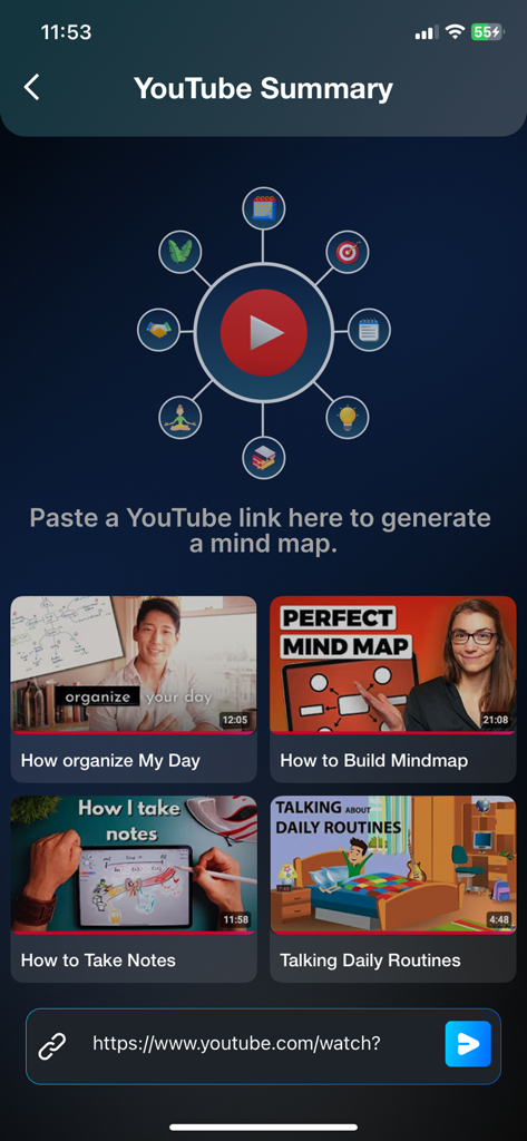 VisualGPT: AI Mind Map ChatBot - YouTube summary feature in the VisualGPT app showing how to generate mind maps from video links