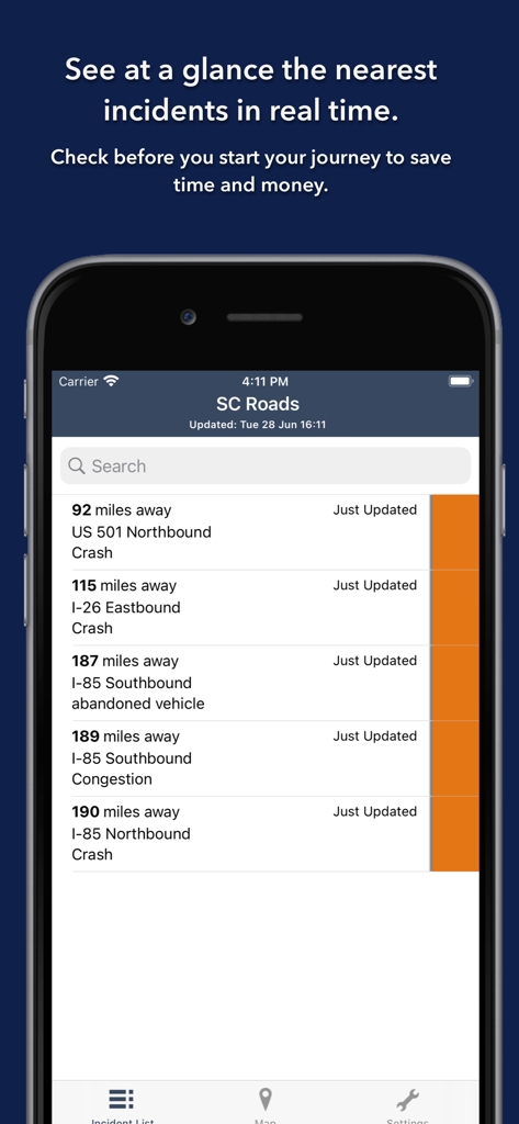 Mobile app screen displaying a list of current traffic incidents in South Carolina sorted by distance