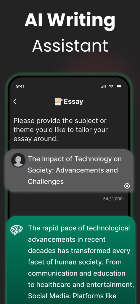AI Writing Assistant app interface generating an essay about the impact of technology on society