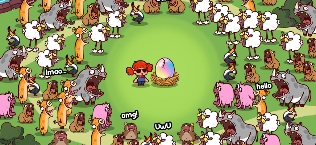 Animal Voice Fun Game - 소녀와 무지개 달걀 주위에서 lmao와 omg와 같은 인터넷 속어를 외치는 다양한 동물들이 나오는 만화 장면