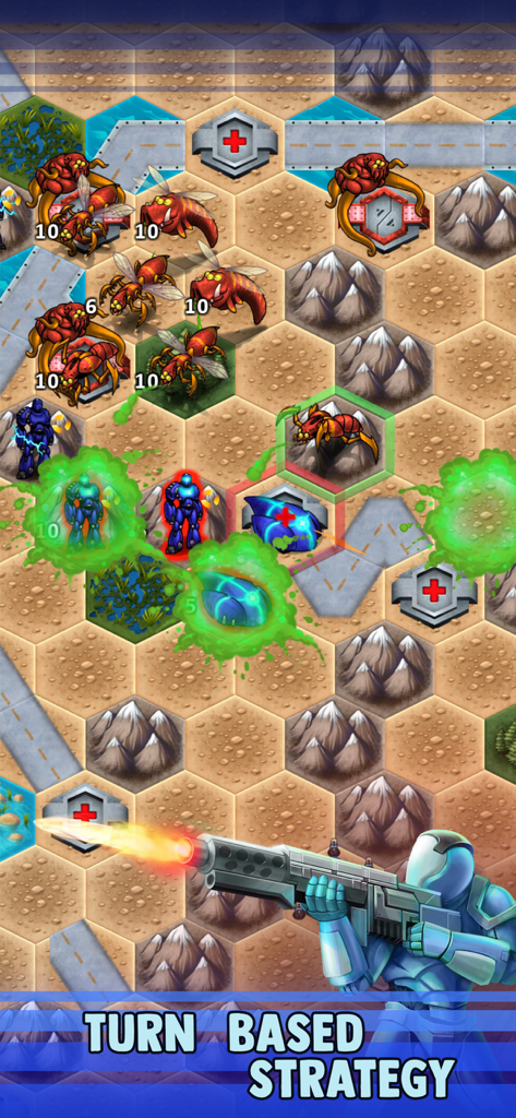 A turn based strategy battle on a hex grid map with robotic and alien units