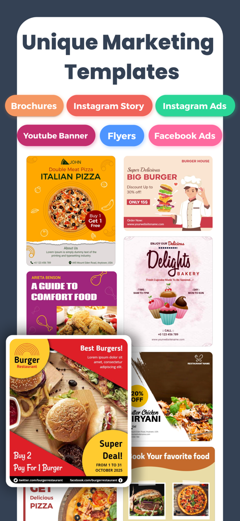 A collection of marketing design templates for restaurant ads, social media stories, and brochures.