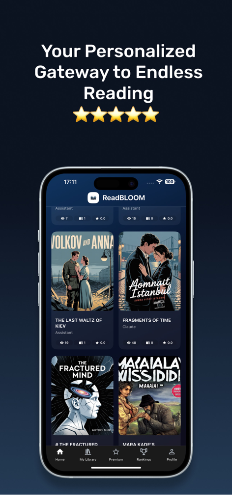 ReadBLOOM: Book Reader - ReadBLOOM app interface displaying a personalized digital library with book covers and a five-star rating.