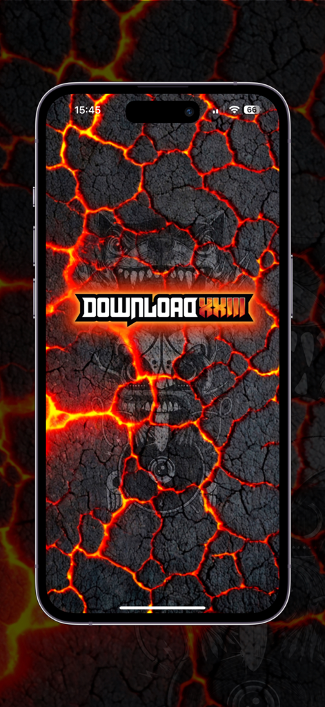 Download Festival - ダウンロード・フェスティバル・アプリのスプラッシュスクリーン。溶岩とひび割れた大地を背景にロゴが表示されている