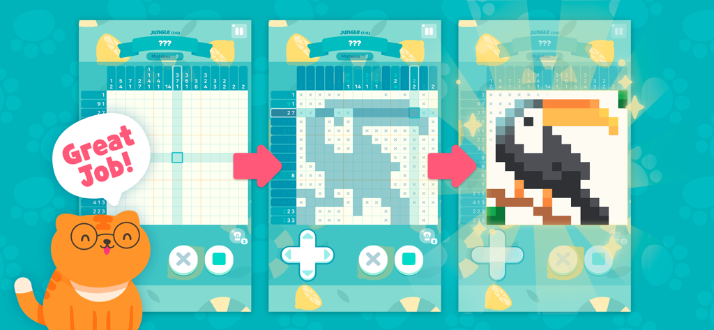 Meow Tower - Nonogram Puzzle - A three step progression showing how to solve a nonogram logic puzzle to reveal a pixel art toucan in Meow Tower