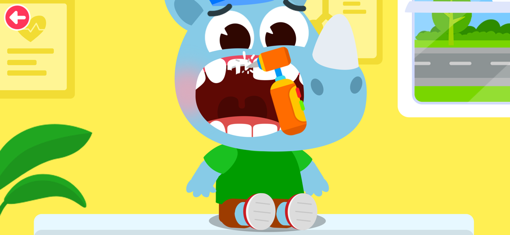 Doctor Kiko - Personaje de rinoceronte azul recibiendo tratamiento dental en la aplicación Doctor Kiko
