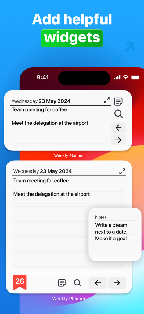 Weekly Planner app widgets showing daily tasks and meetings on a smartphone home screen