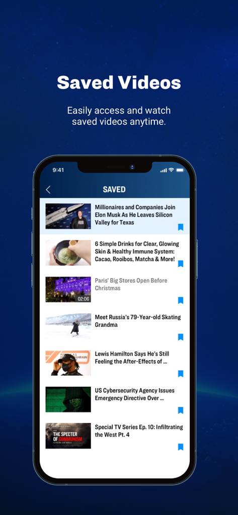 NTD: Live TV & Breaking News - A screenshot of the NTD app displaying a list of saved news videos and documentaries on an iPhone.