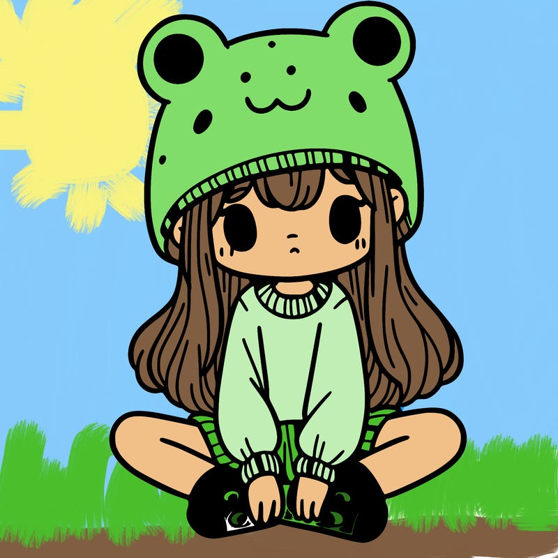 a girl wearing a frog hat and some frog socks