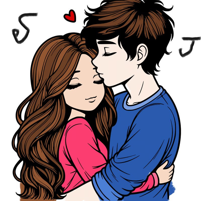 a realistic couple boy and girl hugging and kissing