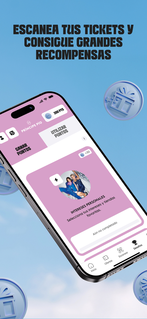 Príncipe Pío & YO - プリンシペ・ピオ＆YOロイヤルティアプリのインターフェースに報酬ポイントとレシートスキャン機能が表示されています